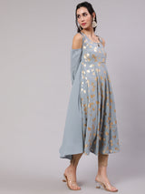 Grey Gold Print Flared Anarkali - Elganza