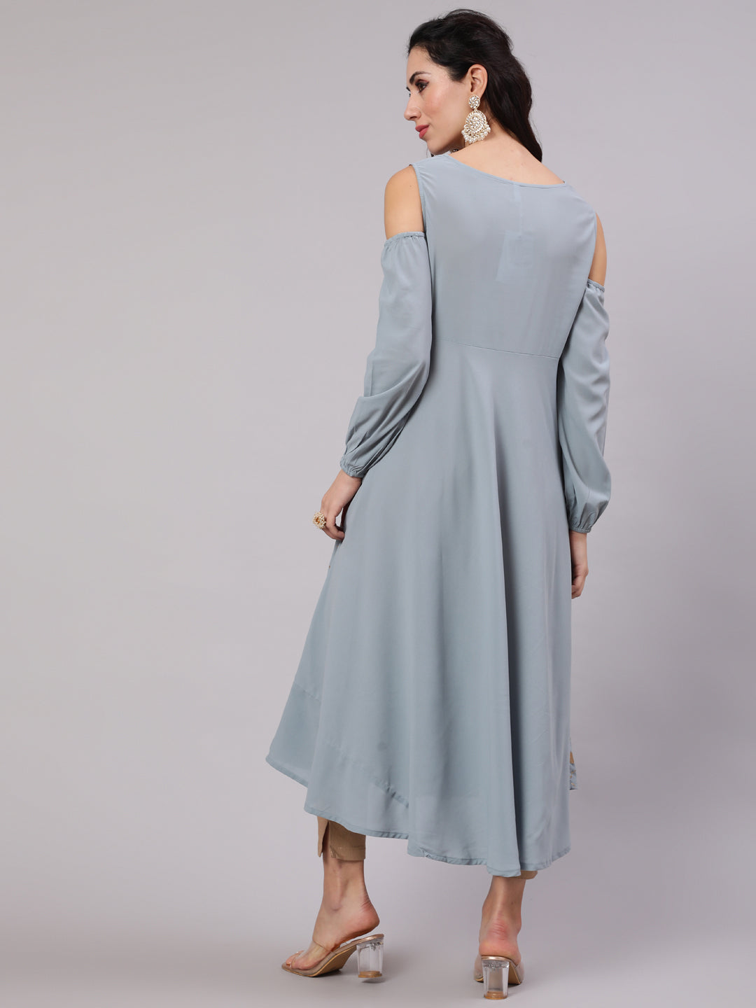 Grey Gold Print Flared Anarkali - Elganza