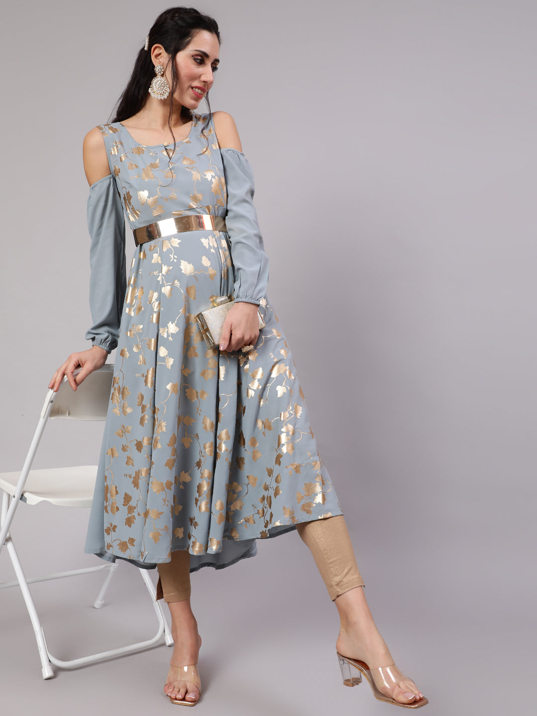 Grey Gold Print Flared Anarkali - Elganza