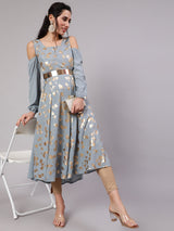 Grey Gold Print Flared Anarkali - Elganza