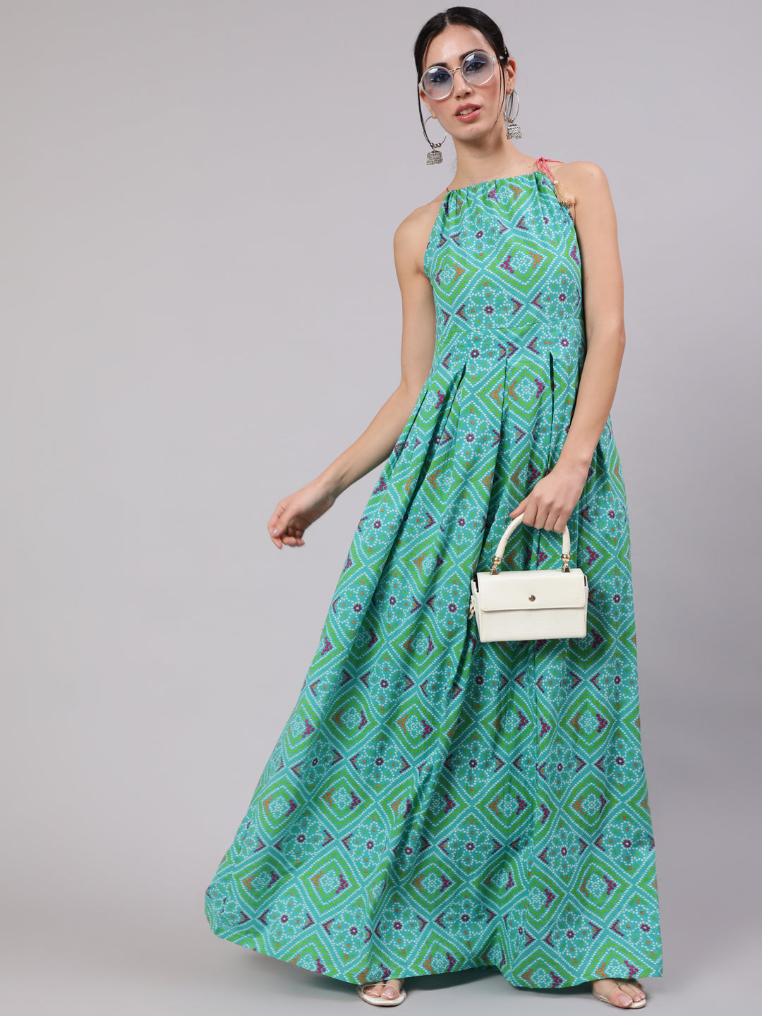Blue Bandhani Print Box Pleated Maxi Dress - Elganza