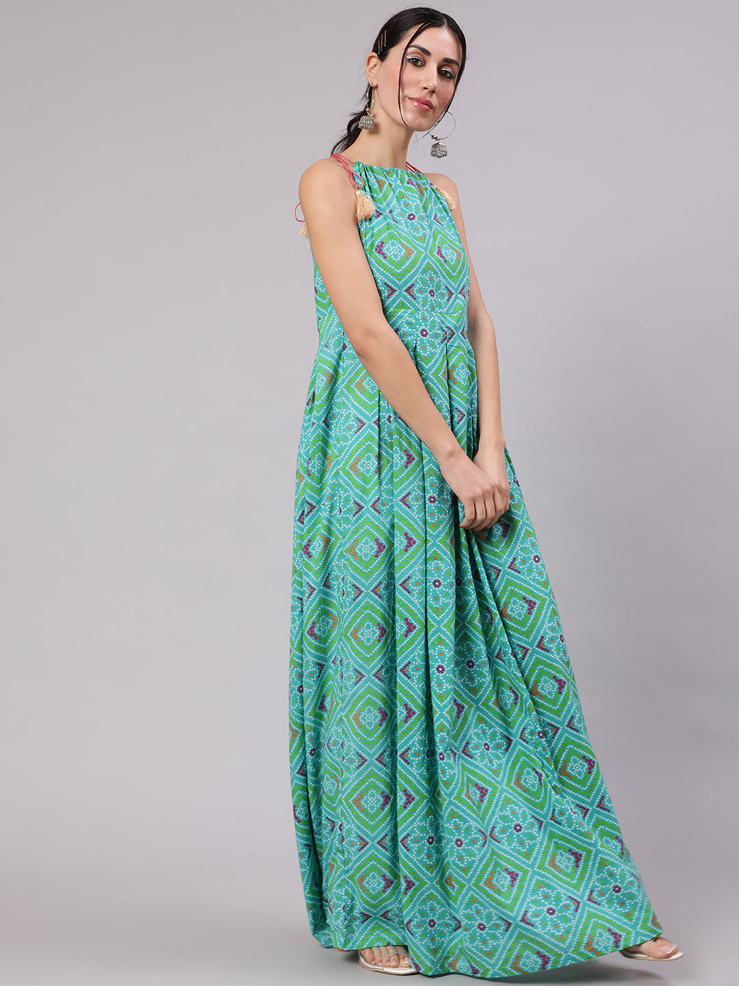 Blue Bandhani Print Box Pleated Maxi Dress - Elganza