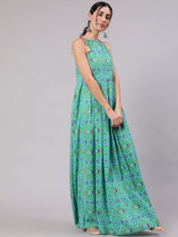 Blue Bandhani Print Box Pleated Maxi Dress - Elganza