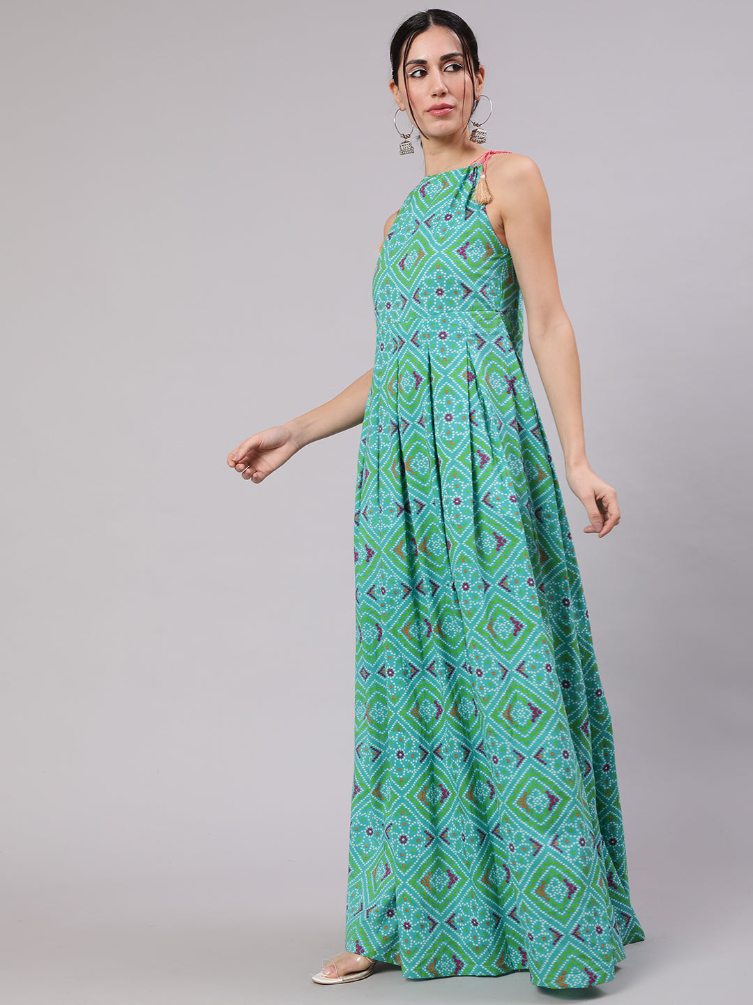 Blue Bandhani Print Box Pleated Maxi Dress - Elganza