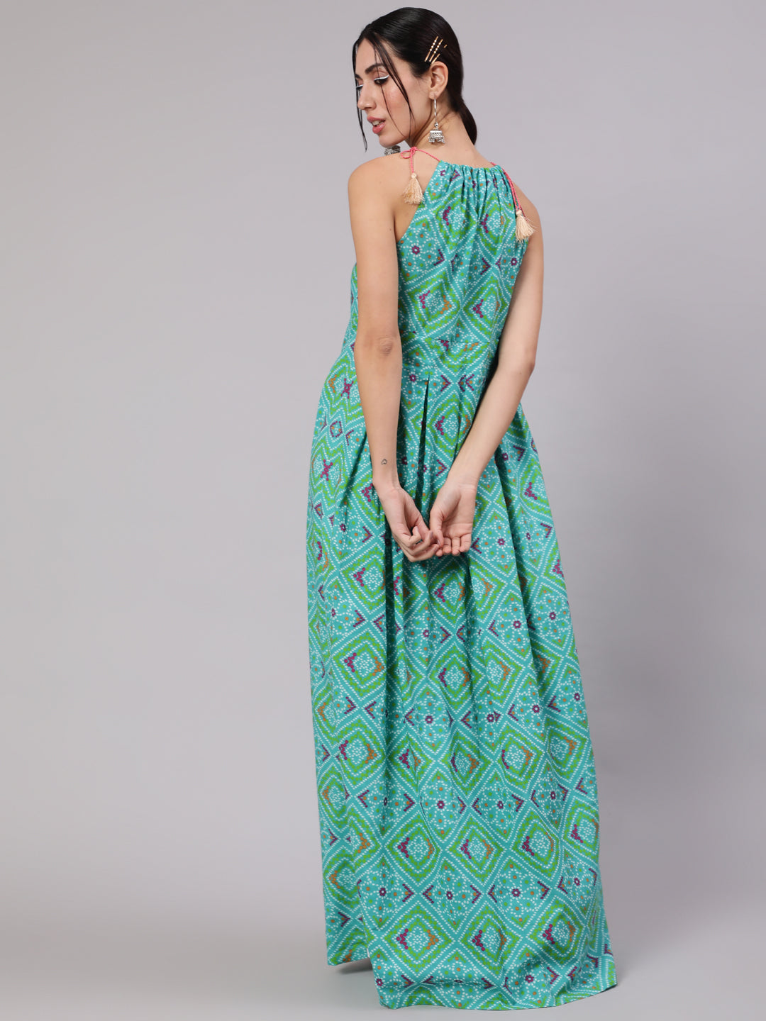 Blue Bandhani Print Box Pleated Maxi Dress - Elganza