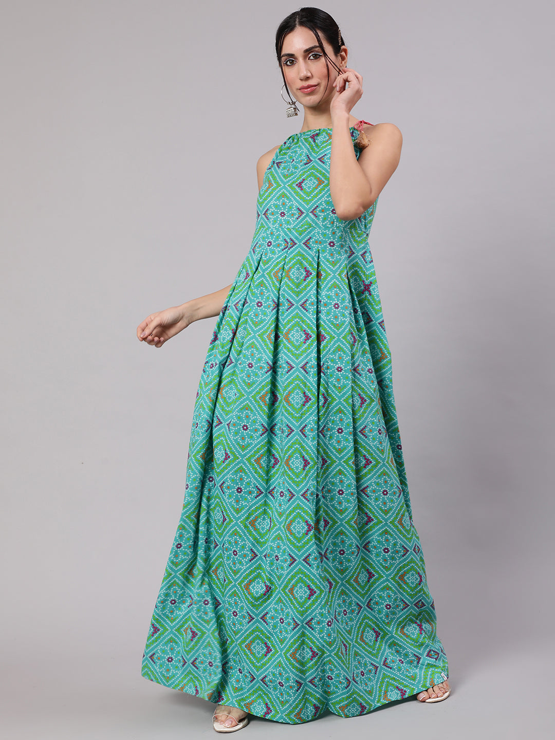 Blue Bandhani Print Box Pleated Maxi Dress - Elganza