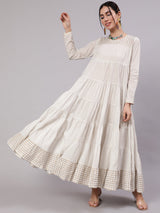 White Gold Print Tiered Maxi Dress - Elganza