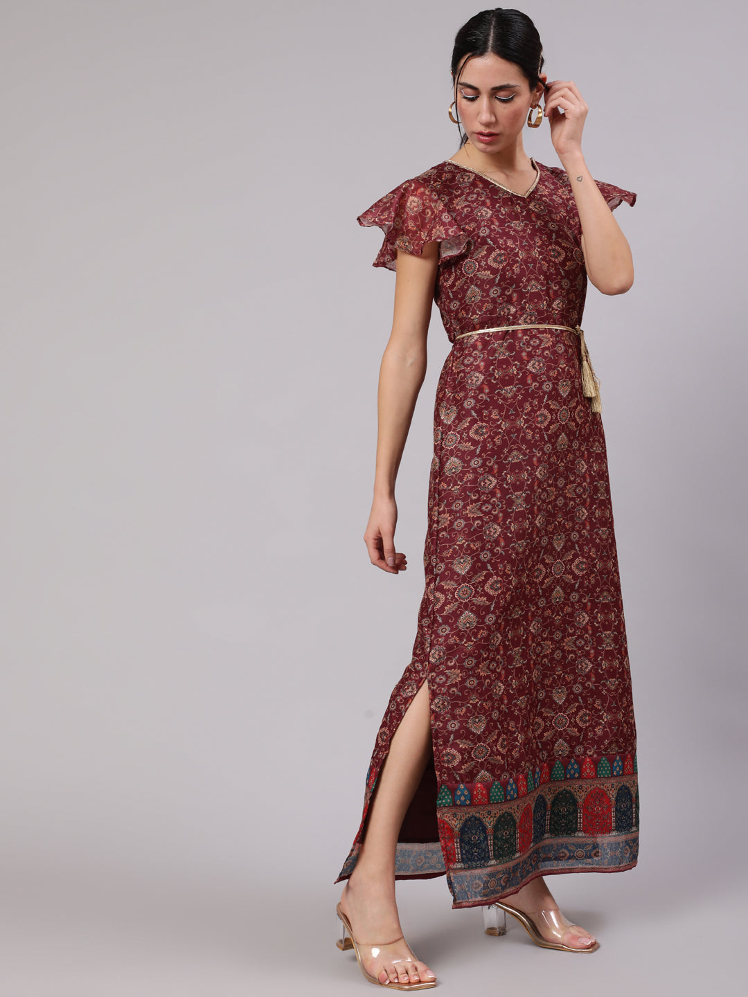 Burgundy Digital Print Slit Maxi Dress - Elganza