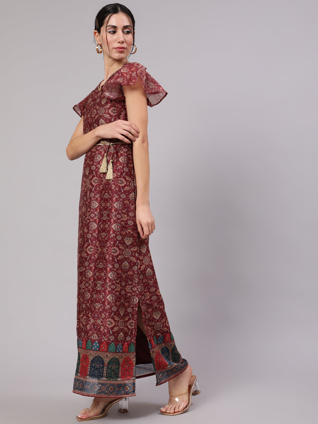 Burgundy Digital Print Slit Maxi Dress - Elganza