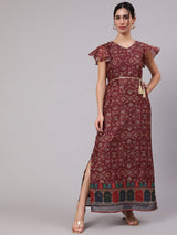 Burgundy Digital Print Slit Maxi Dress - Elganza