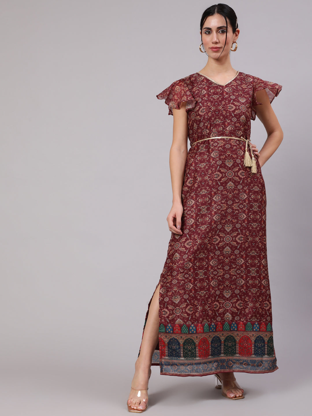 Burgundy Digital Print Slit Maxi Dress - Elganza