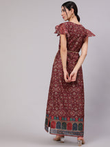Burgundy Digital Print Slit Maxi Dress - Elganza
