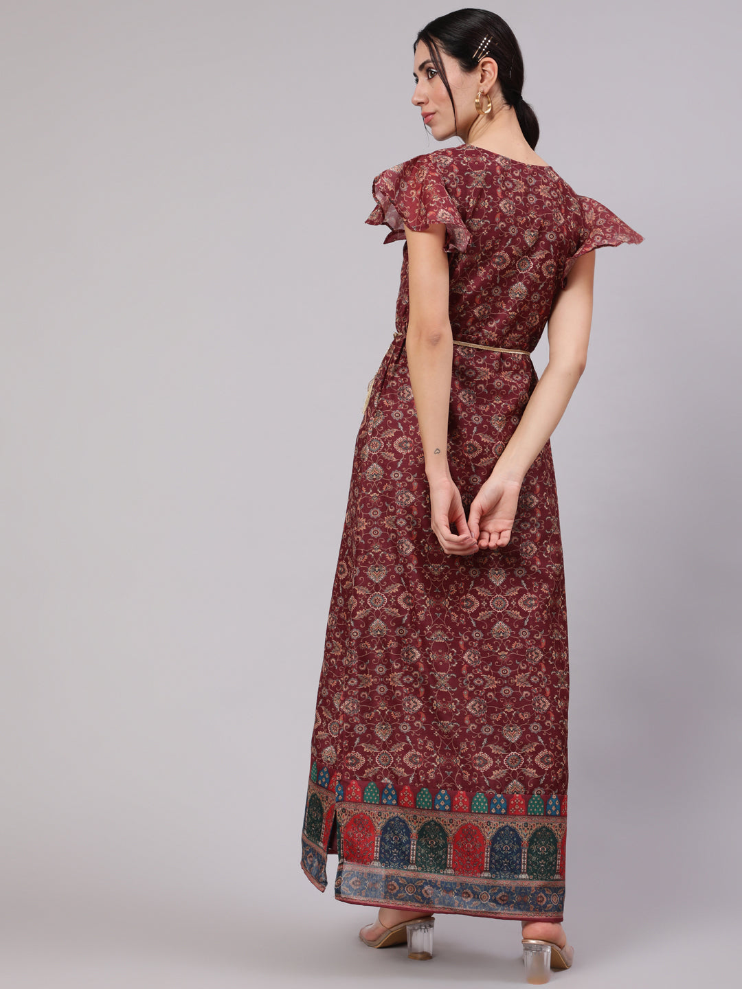 Burgundy Digital Print Slit Maxi Dress - Elganza