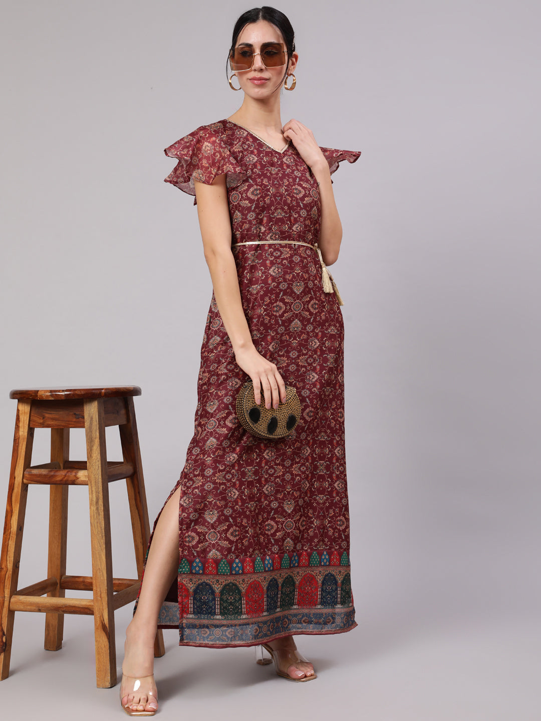 Burgundy Digital Print Slit Maxi Dress - Elganza