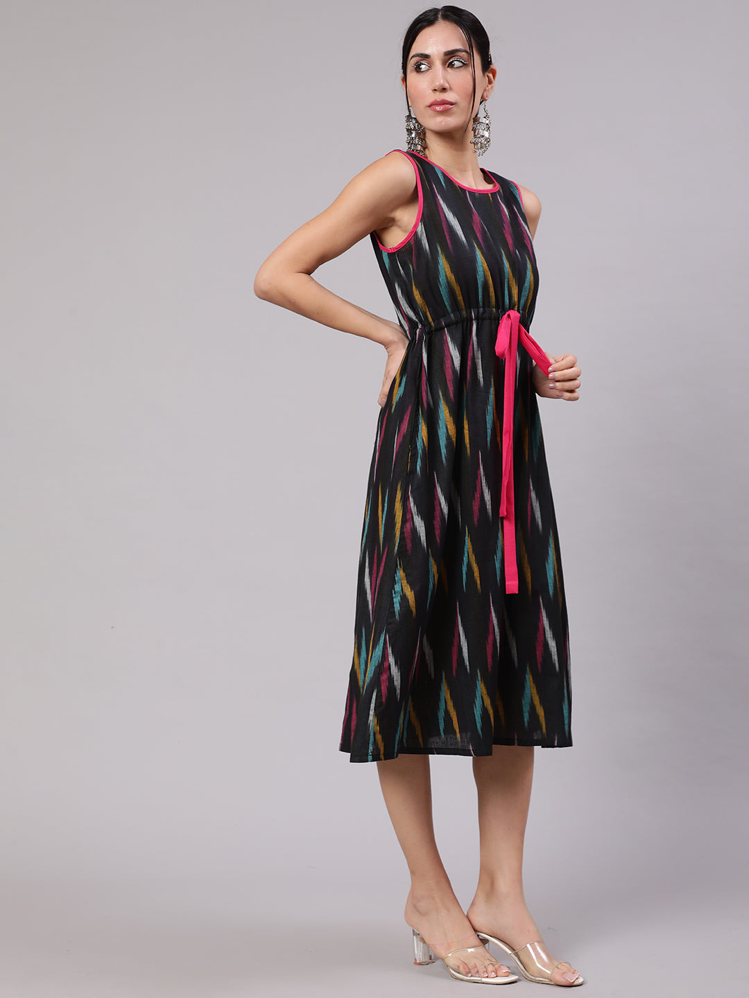 Black Ikat Print Midi Dress - Elganza