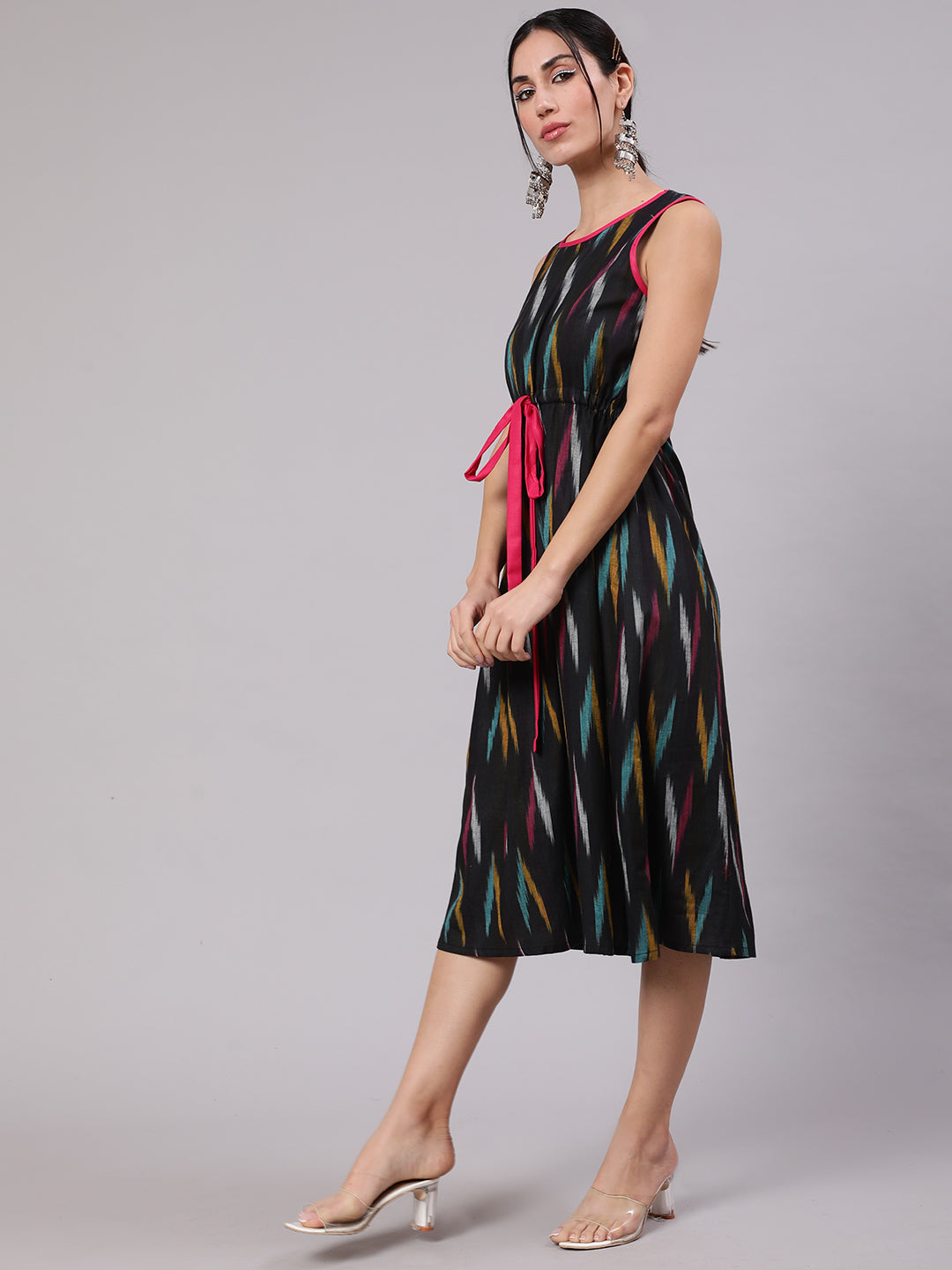 Black Ikat Print Midi Dress - Elganza