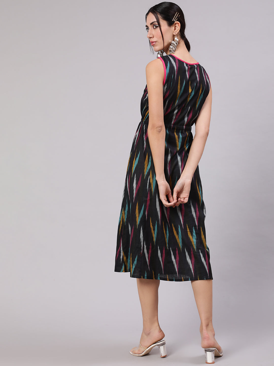 Black Ikat Print Midi Dress - Elganza