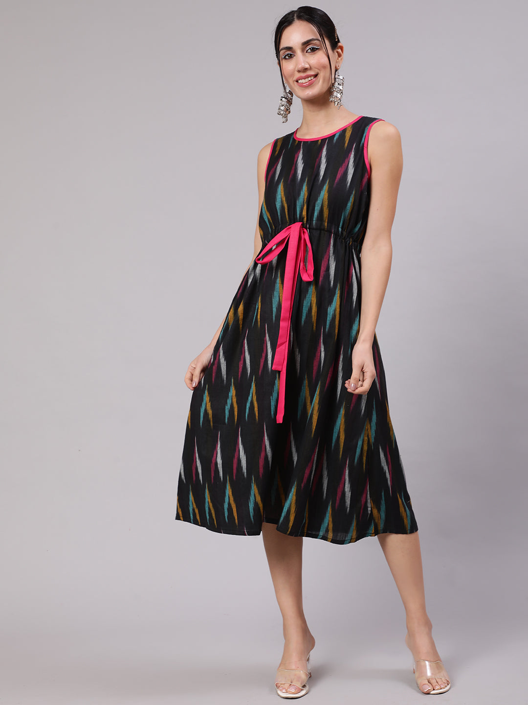 Black Ikat Print Midi Dress - Elganza