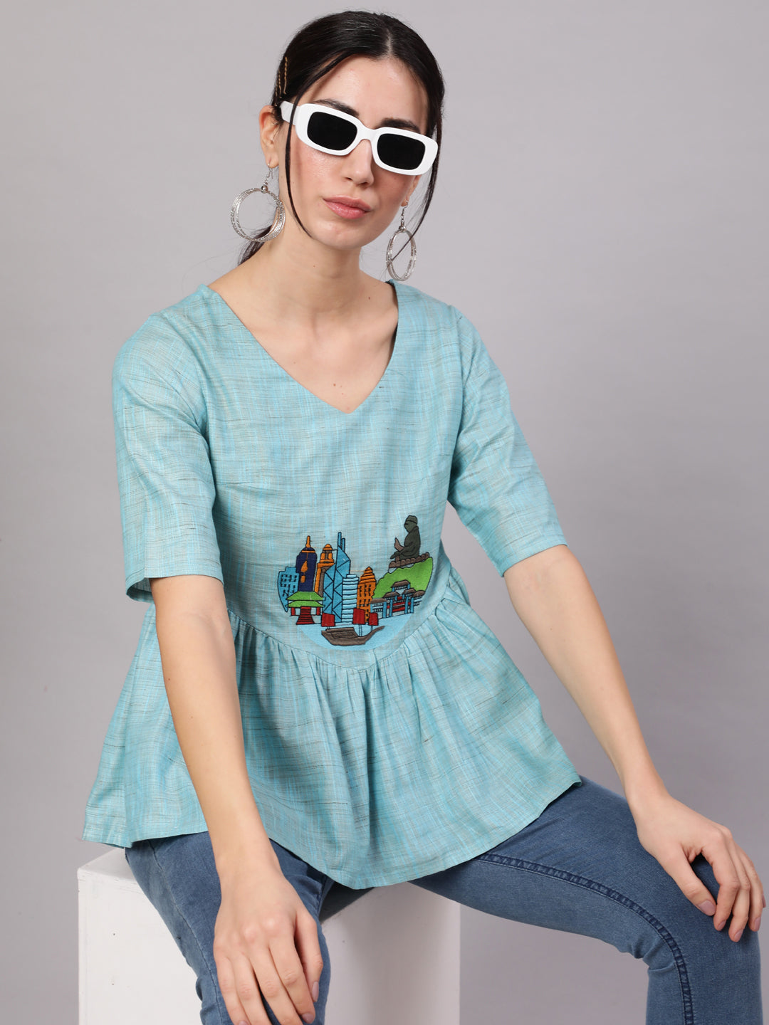 Blue Singapore Embroidered Tunic - Elganza