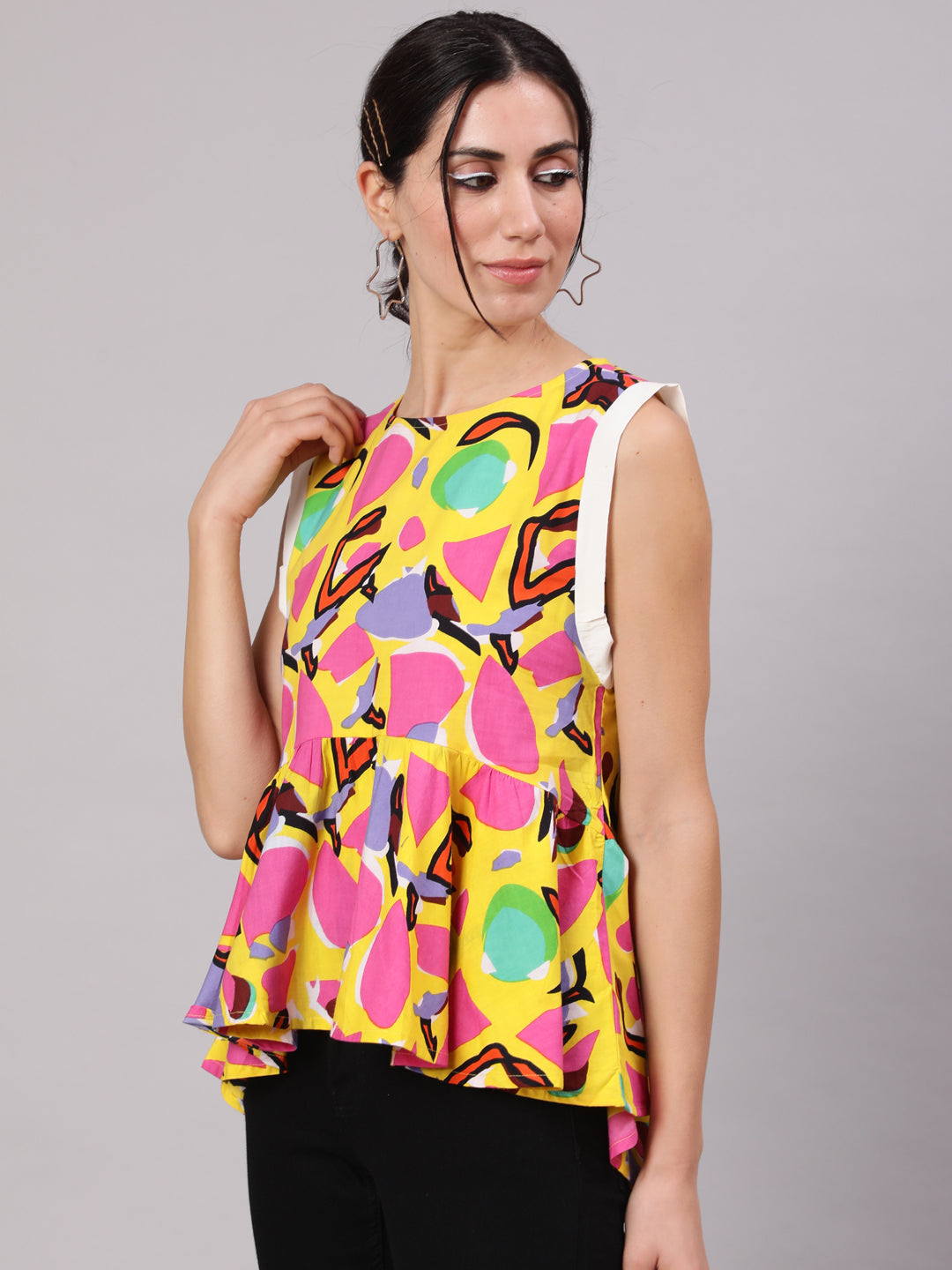 Yellow Printed Gathered Top - Elganza