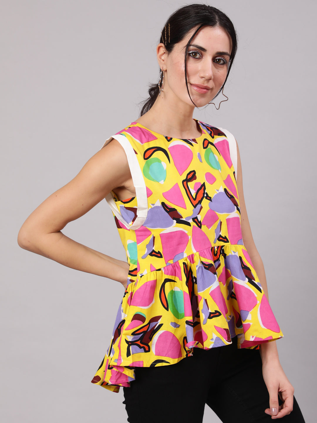 Yellow Printed Gathered Top - Elganza