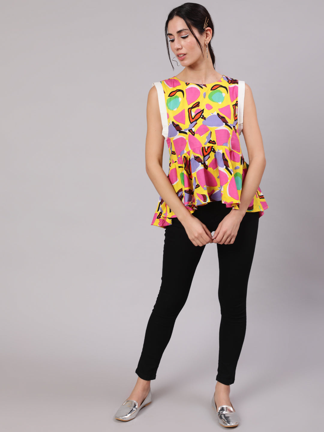 Yellow Printed Gathered Top - Elganza