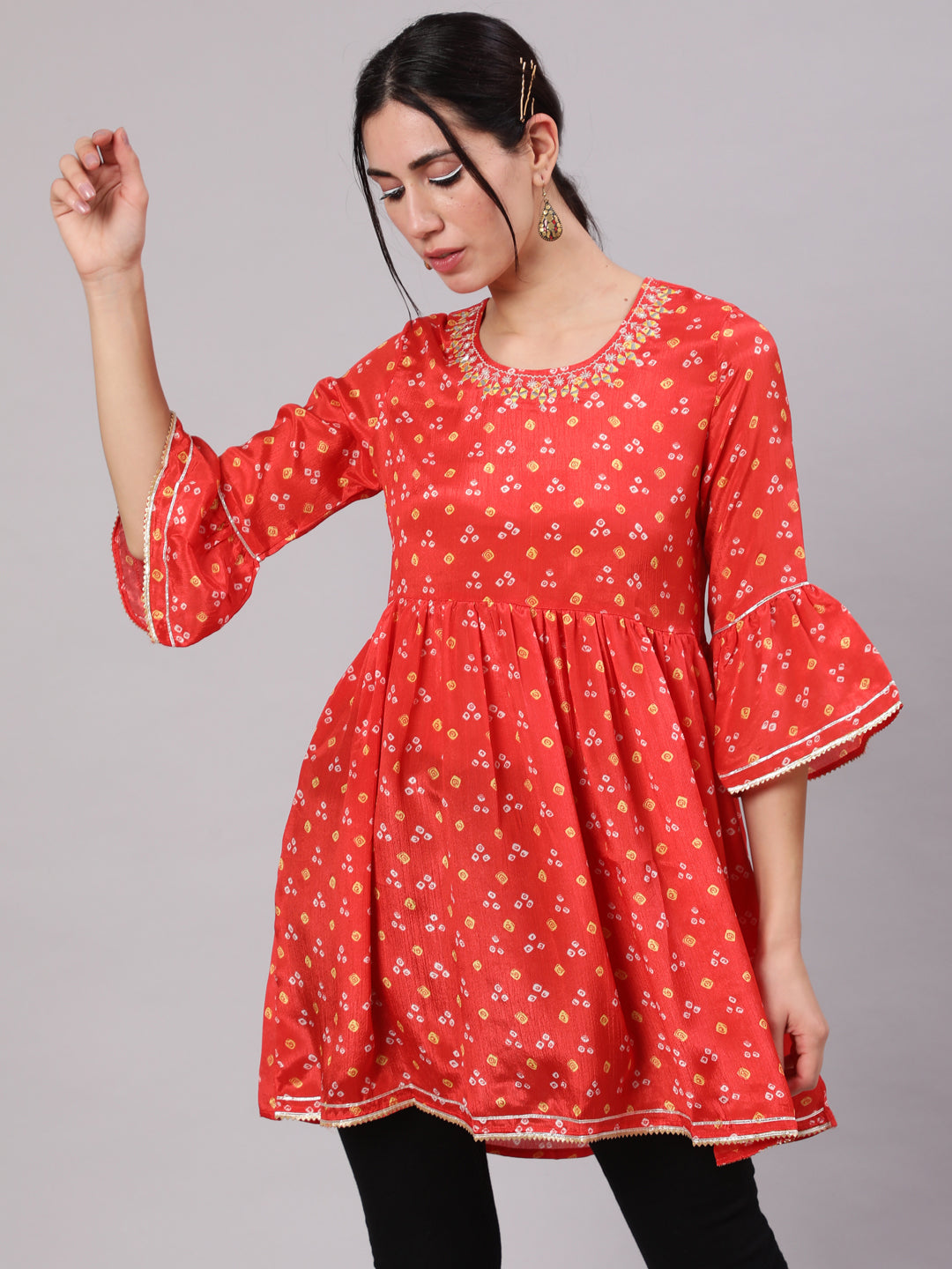 Orange Digital Print Tunic With Embroidered Neck - Elganza