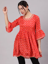 Orange Digital Print Tunic With Embroidered Neck - Elganza