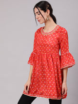 Orange Digital Print Tunic With Embroidered Neck - Elganza