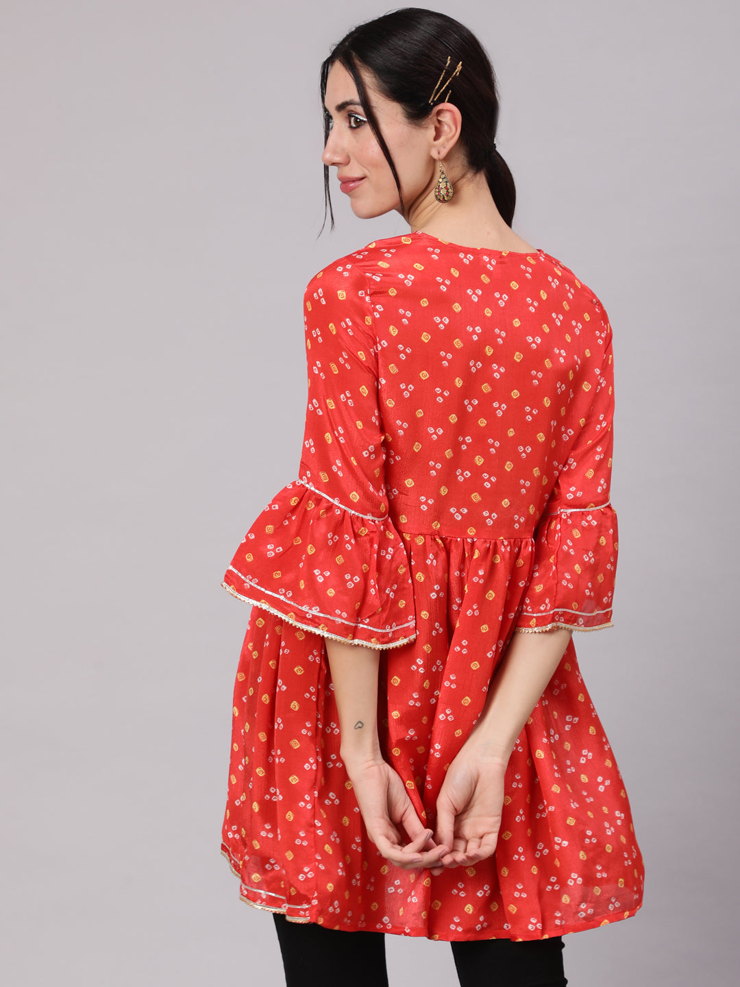 Orange Digital Print Tunic With Embroidered Neck - Elganza