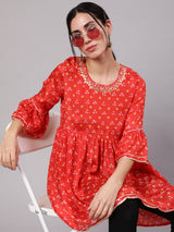 Orange Digital Print Tunic With Embroidered Neck - Elganza