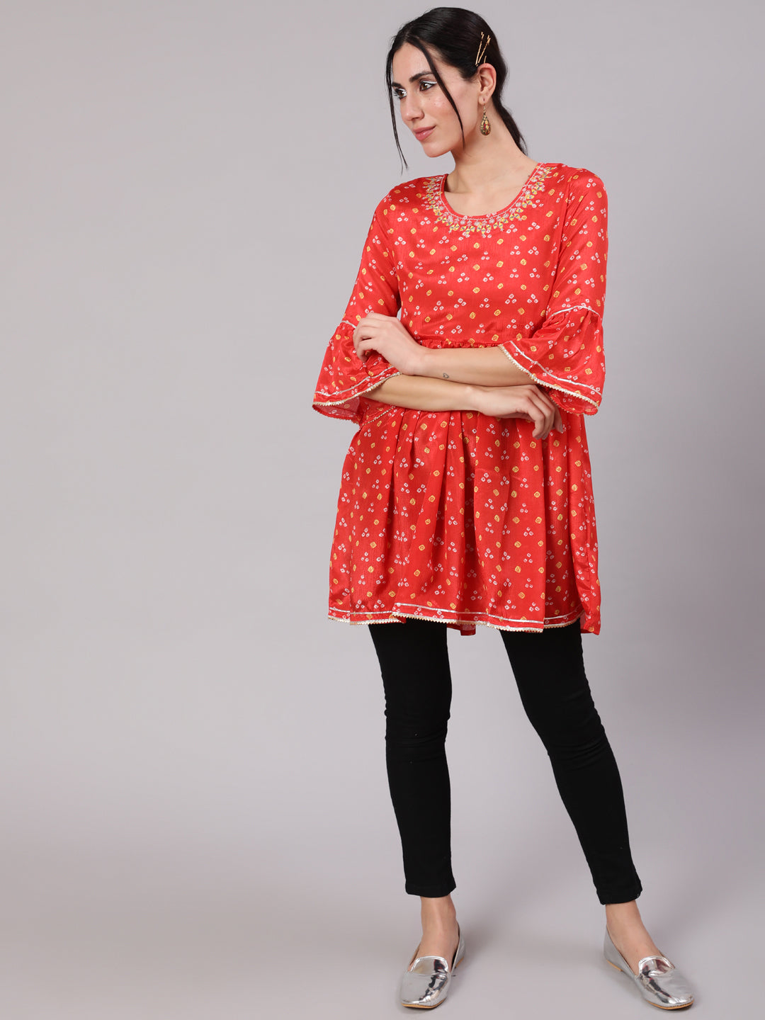 Orange Digital Print Tunic With Embroidered Neck - Elganza