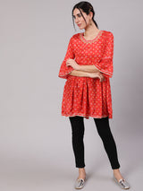 Orange Digital Print Tunic With Embroidered Neck - Elganza