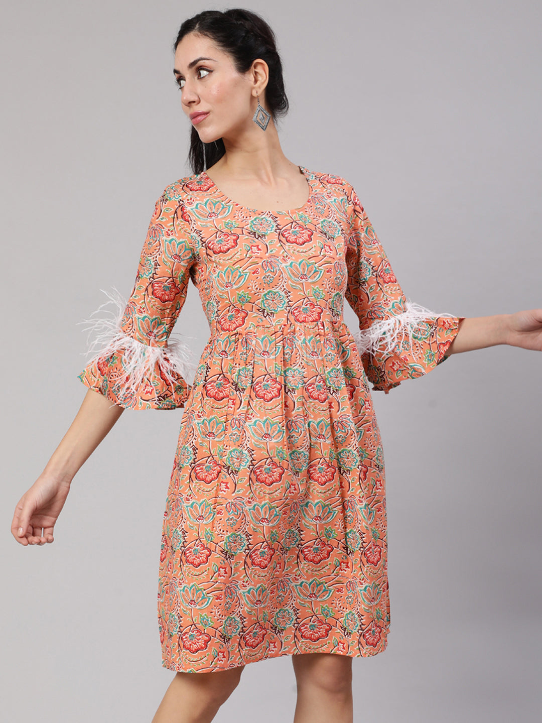 Peach Floral Print Short Dress - Elganza