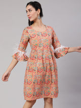 Peach Floral Print Short Dress - Elganza
