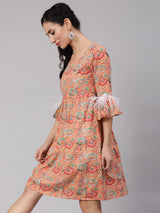 Peach Floral Print Short Dress - Elganza