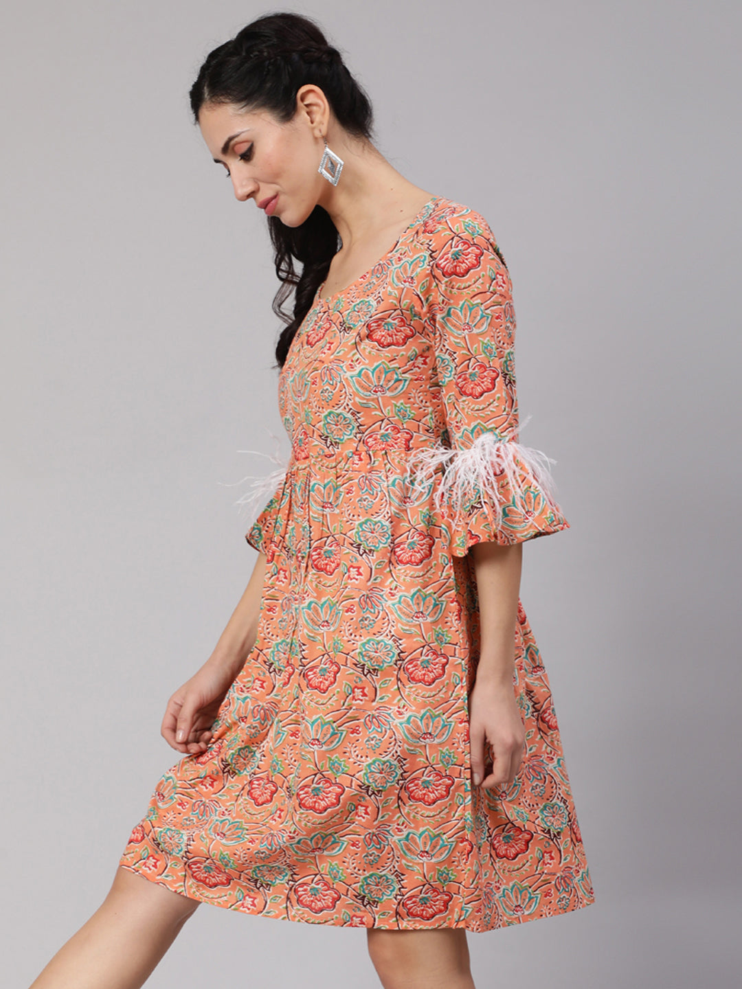 Peach Floral Print Short Dress - Elganza