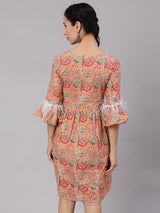 Peach Floral Print Short Dress - Elganza