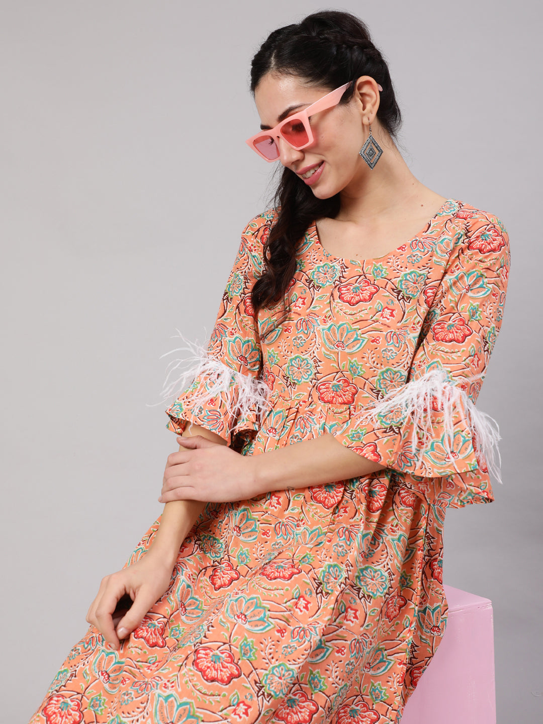 Peach Floral Print Short Dress - Elganza