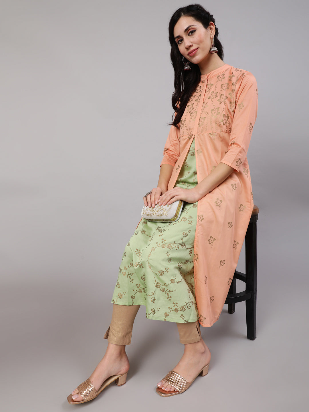 Peach & Green Gold Print Layered Kurta - Elganza