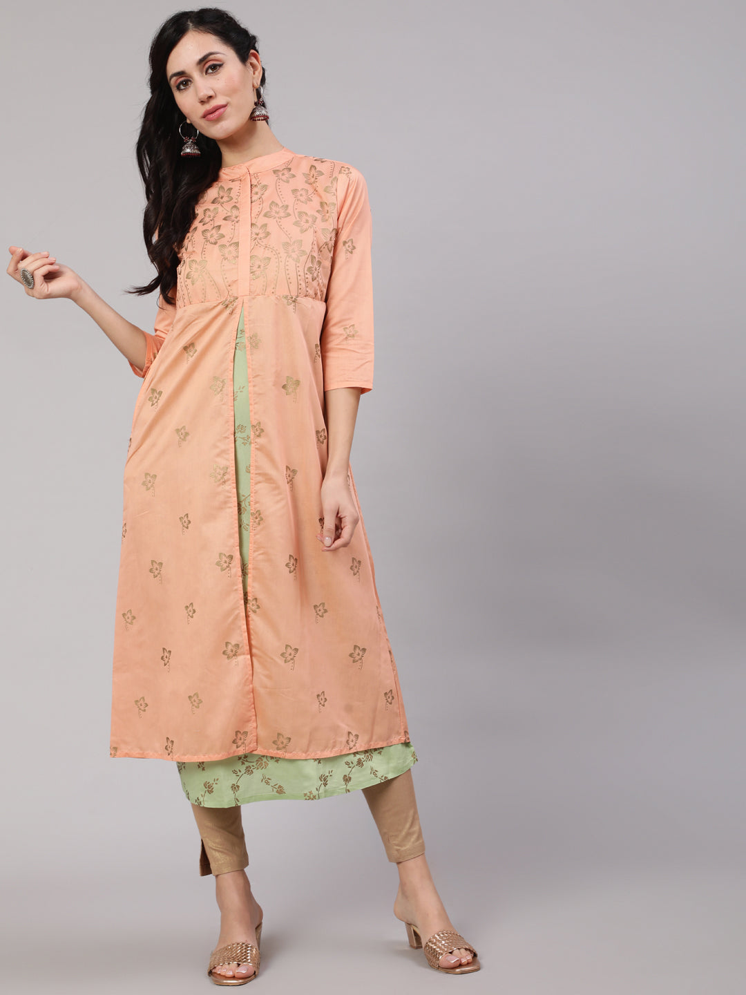 Peach & Green Gold Print Layered Kurta - Elganza