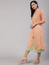 Peach & Green Gold Print Layered Kurta - Elganza