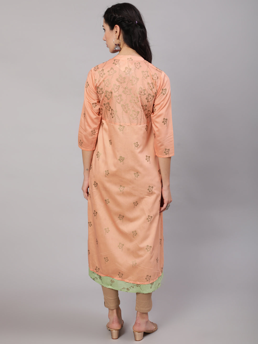 Peach & Green Gold Print Layered Kurta - Elganza