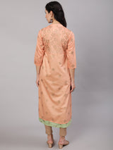 Peach & Green Gold Print Layered Kurta - Elganza