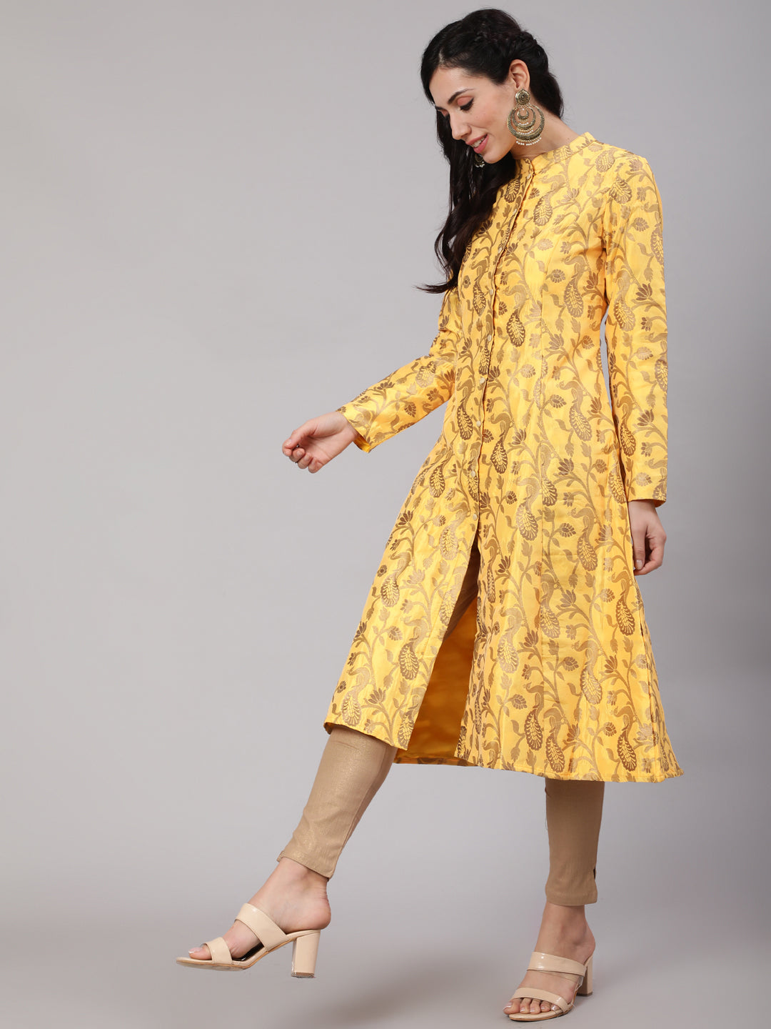 Yellow Jacquard Zari Work Button Down Kurta - Elganza