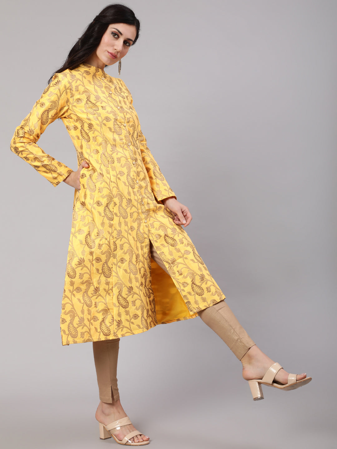 Yellow Jacquard Zari Work Button Down Kurta - Elganza