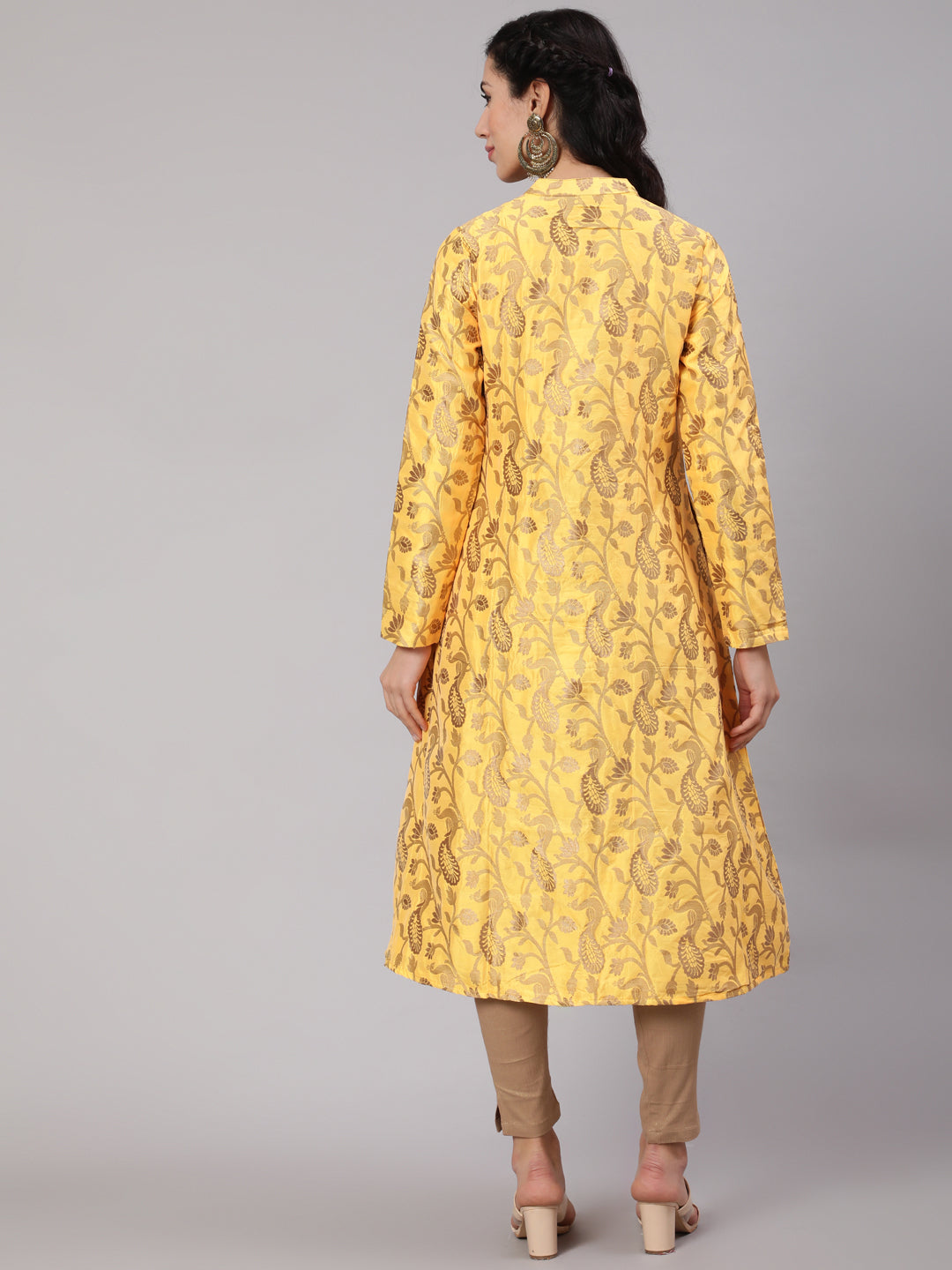 Yellow Jacquard Zari Work Button Down Kurta - Elganza