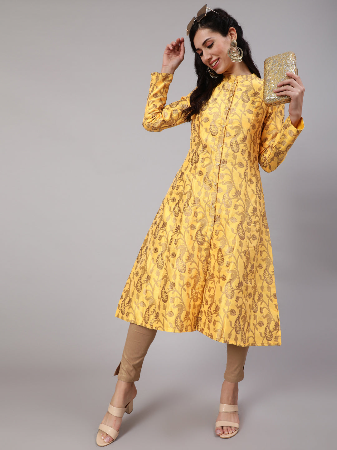 Yellow Jacquard Zari Work Button Down Kurta - Elganza