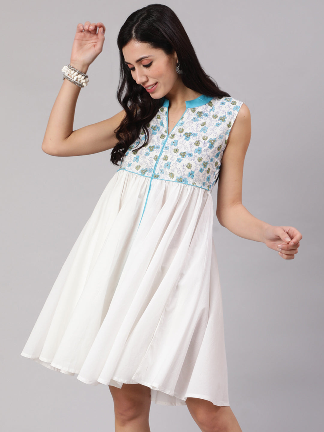 White & Blue Hand Block Print Short Dress - Elganza