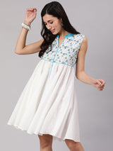 White & Blue Hand Block Print Short Dress - Elganza